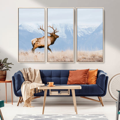 96024025-MGV-FC-48X32-3P_Natural-Elk Photography Wall Art Canvas Print, Framed Mountain Wildlife Art Picture Print, Rustic Lodge Decor Perfect Rustic Lodge Decor