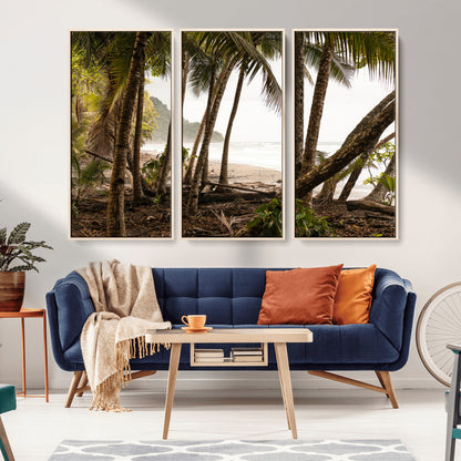 92093951-MGV-FC-48X32-3P_Natural-Tropical Jungle Wall Art Canvas Print, Framed Palm Tree Forest Art Picture Print, Coastal Escape Perfect Jungle Retreat Decor