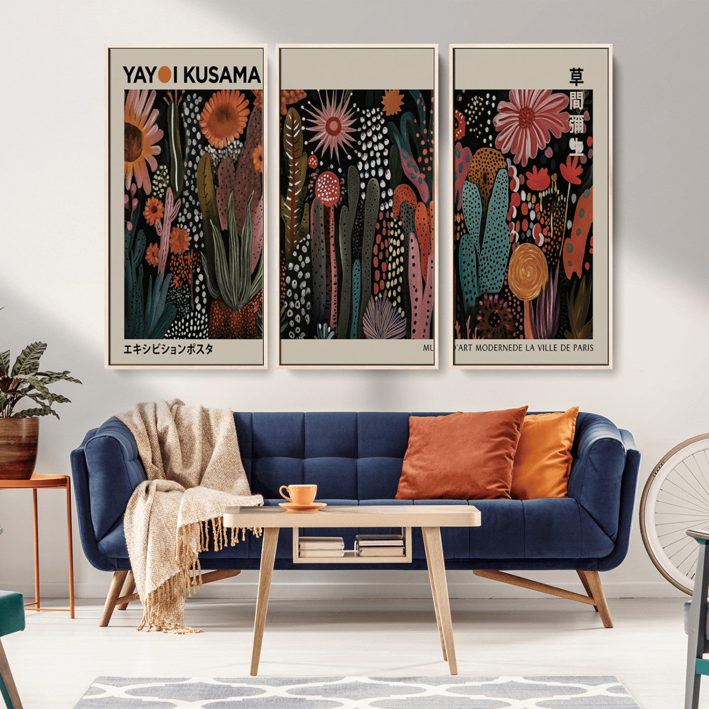 28344895-MGV-CV-36X24-Dark Floral Abstract Wall Art Poster – Modern Botanical Canvas Print with Beige Border, Kusama Inspired Boho Flower Painting,