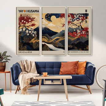 54967195-MGV-CV-36X24-Mount Fuji Wall Art – Japanese Cherry Blossom Abstract Canvas Print, Navy Gold Landscape Painting, Oriental Luxury Home Decor