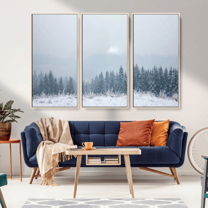 33033082-MGV-CV-36X24-Winter Forest Art Wall Art Canvas Print, Framed Snowy Landscape Art Picture Print, Misty Tree Scene Perfect Nordic Minimalist