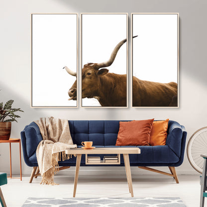 62566114-MGV-FC-48X32-3P_Natural-Longhorn Cow Art Wall Art Canvas Print, Framed Rustic Animal Decor Art Picture Print, Texas Bull Photo Perfect Rustic Farmhouse