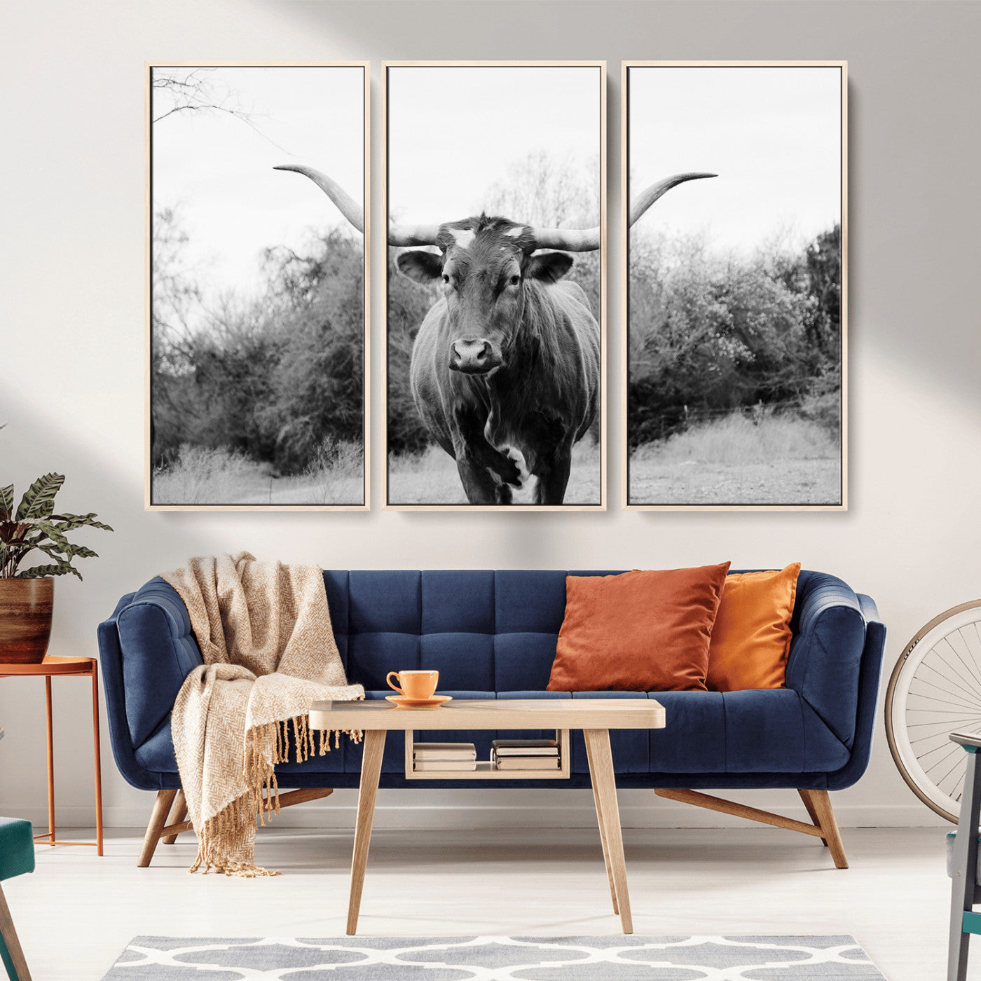 97280319-MGV-FC-48X32-3P_Natural-Longhorn Photography Wall Art Canvas Print, Framed Western Cow Decor Art Picture Print, Texas Ranch Style Perfect Rustic Farmhouse