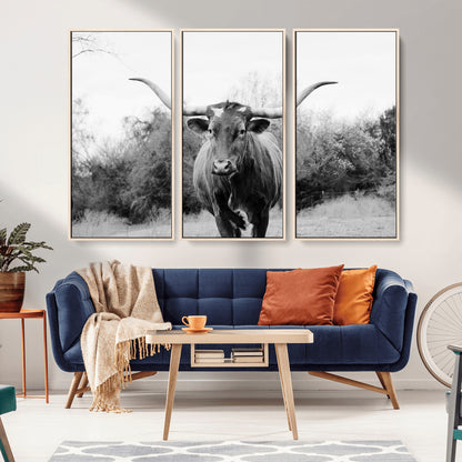 97280319-MGV-FC-48X32-3P_Natural-Longhorn Photography Wall Art Canvas Print, Framed Western Cow Decor Art Picture Print, Texas Ranch Style Perfect Rustic Farmhouse