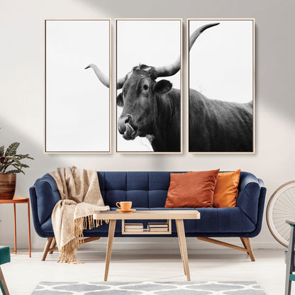 99244177-MGV-CV-36X24-Longhorn Photography Wall Art Canvas Print, Framed Western Cow Decor Art Picture Print, Black White Bull Perfect Modern Rustic