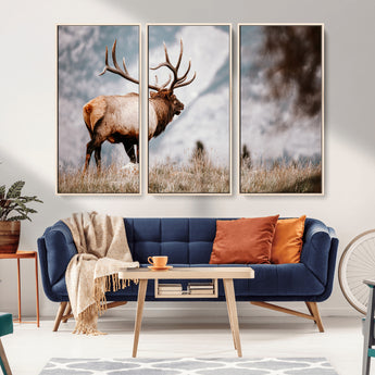 70489411-MGV-FC-48X32-3P_Natural-Elk Photography Wall Art Canvas Print, Framed Mountain Wildlife Art Picture Print, Rustic Nature Decor Perfect Rustic Lodge Decor