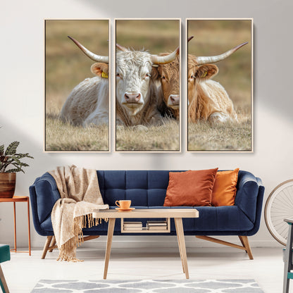 53388593-MGV-FC-48X32-3P_Natural-Cow Photography Wall Art Canvas Print, Framed Rustic Animal Decor Art Picture Print, Texas Cow Pair Perfect Western Farmhouse