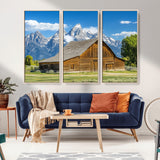 75948467-MGV-FC-48X32-3P_Natural-Mountain Barn Scene Wall Art Canvas Print, Framed Rustic Farmhouse Style Art Picture Print, Country Cabin Decor Perfect Rustic
