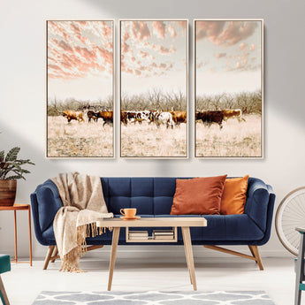 43704663-MGV-FC-48X32-3P_Natural-Country Cow Herd Wall Art Canvas Print, Framed Farmhouse Cattle Scene Art Picture Print, Rustic Ranch Decor Perfect Rustic