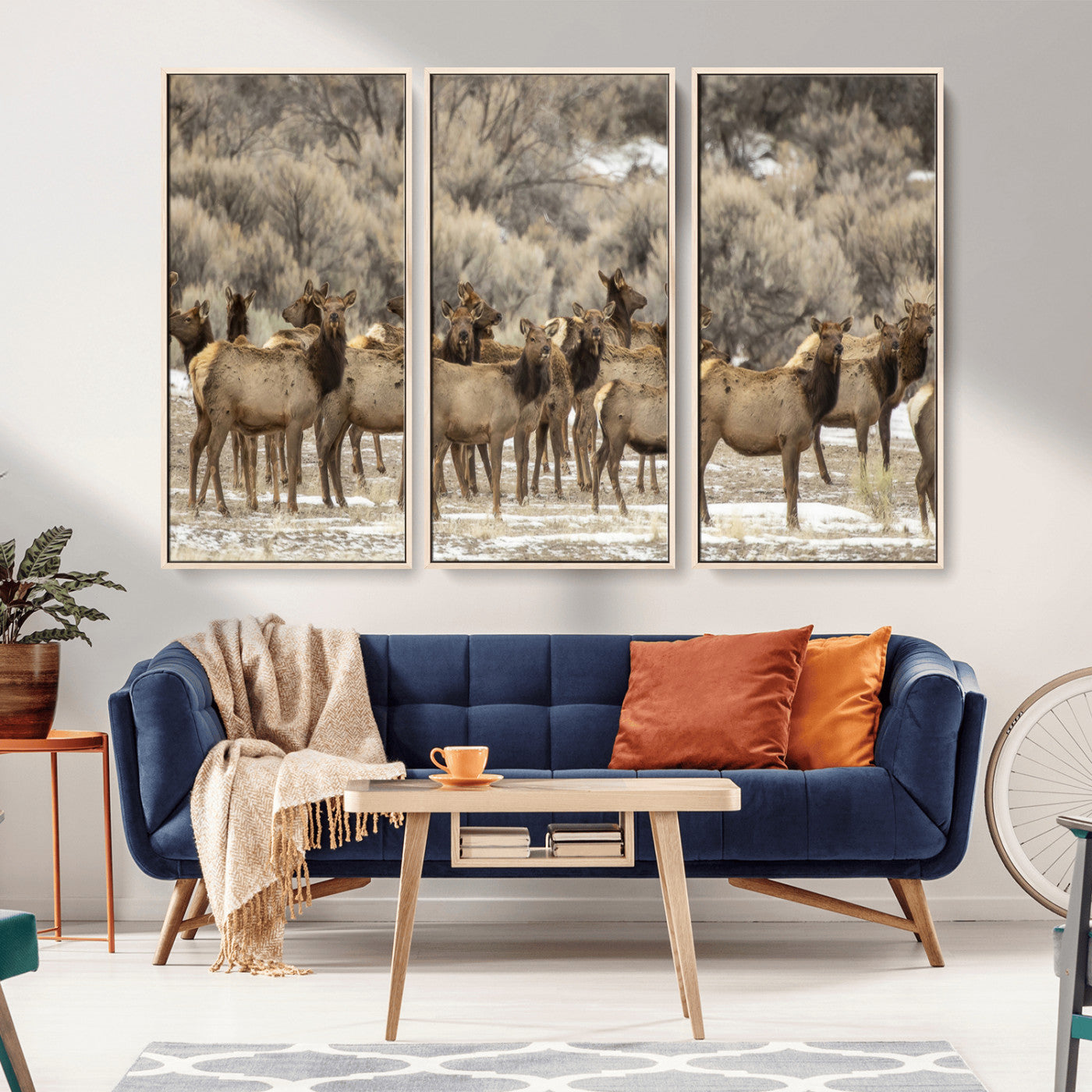 90269422-MGV-FC-48X32-3P_Natural-Elk Herd Scene Wall Art Canvas Print, Framed Rustic Wildlife Decor Art Picture Print, Western Cabin Style Perfect Rustic Lodge