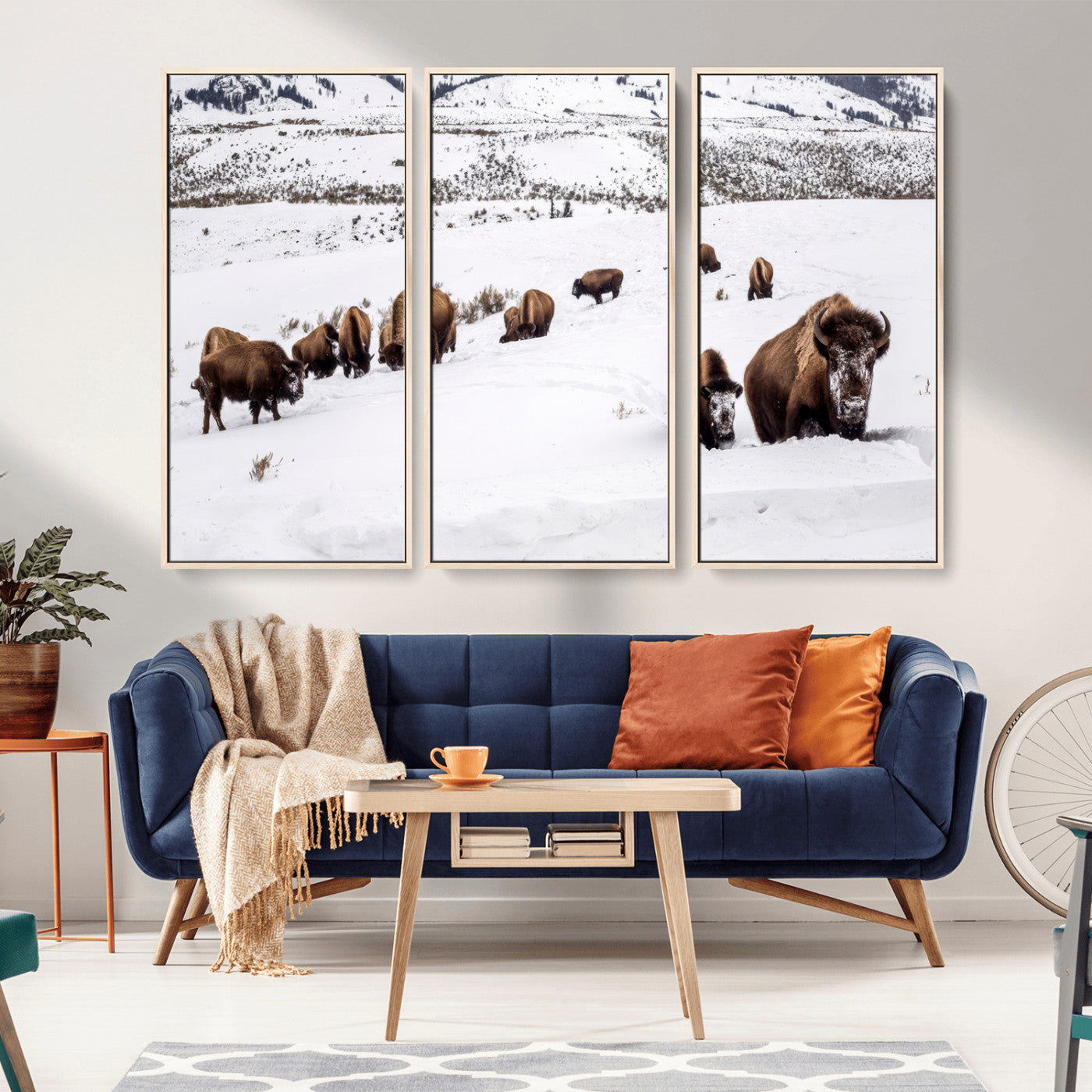 13891210-MGV-CV-36X24-Bison Herd Scene Wall Art Canvas Print, Framed Western Wildlife Decor Art Picture Print, Snowy Mountain Valley Perfect Rustic
