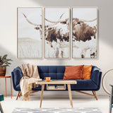 48161868-MGV-FC-48X32-3P_Natural-Longhorn Cow Decor Wall Art Canvas Print, Framed Rustic Cattle Art Picture Print, Sepia Western Vibe Perfect Neutral Rustic