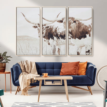 48161868-MGV-FC-48X32-3P_Natural-Longhorn Cow Decor Wall Art Canvas Print, Framed Rustic Cattle Art Picture Print, Sepia Western Vibe Perfect Neutral Rustic