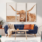 74406977-MGV-CV-36X24-Longhorn Bull Decor Wall Art Canvas Print, Framed Western Cow Theme Art Picture Print, Rustic Farmhouse Wall Perfect Neutral