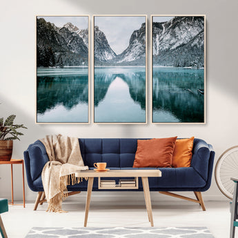 73098373-MGV-CV-36X24-Mountain Lake Wall Art Canvas Print, Framed Winter Wonderland Art Picture Print, Snowy Peaks Perfect Modern Nature Decor Artwork
