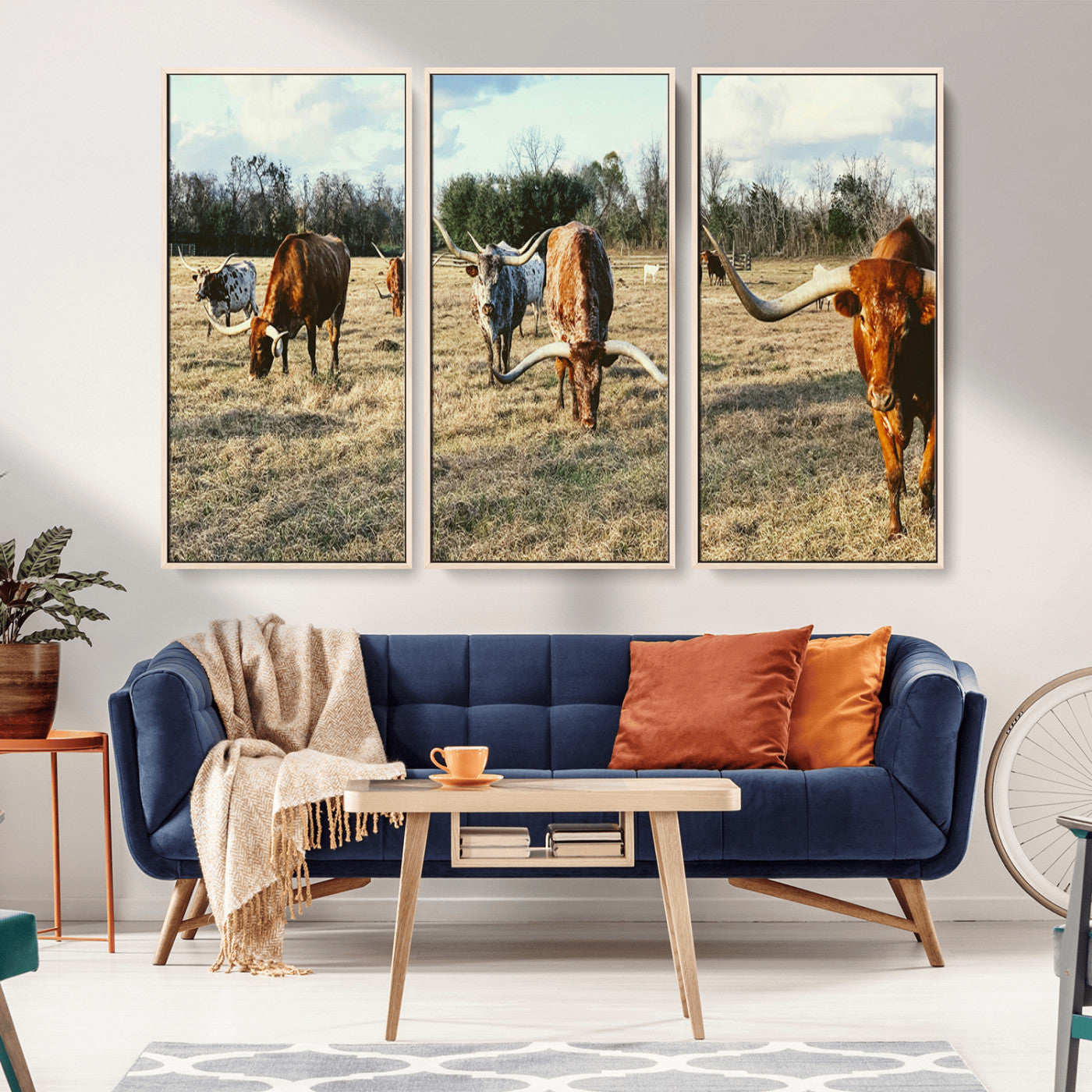 39144651-MGV-CV-36X24-Texas Longhorns Wall Art Canvas Print, Framed Rustic Farm Scene Art Picture Print, Western Cattle Perfect Rustic Farmhouse Decor