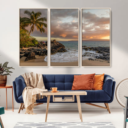 55108220-MGV-CV-36X24-Tropical Beach Wall Art Canvas Print, Framed Hawaiian Sunset Art Picture Print, Ocean Waves Perfect Coastal Tropical Decor Artwork