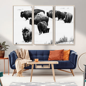 18914414-MGV-CV-36X24-Buffalo Herd Wall Art Canvas Print, Framed Black and White Art Picture Print, Snowy Landscape Perfect Rustic Lodge Decor Decor