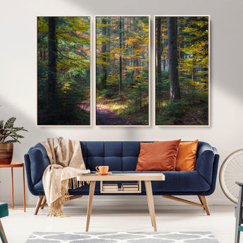 65810864-MGV-CV-36X24-Autumn Forest Wall Art Canvas Print, Framed Fall Woodland Art Picture Print, Golden Leaves Perfect Rustic Farmhouse Decor Artwork