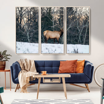 36533178-MGV-CV-36X24-Wild Elk Photography Wall Art Canvas Print, Framed Winter Wildlife Art Picture Print, Snowy Forest Perfect Rustic Lodge Decor