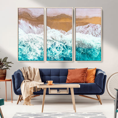 26870666-MGV-CV-36X24-Aerial Beach Wall Art Canvas Print, Framed Ocean Waves Art Picture Print, Coastal Landscape Perfect Coastal Minimalist Decor