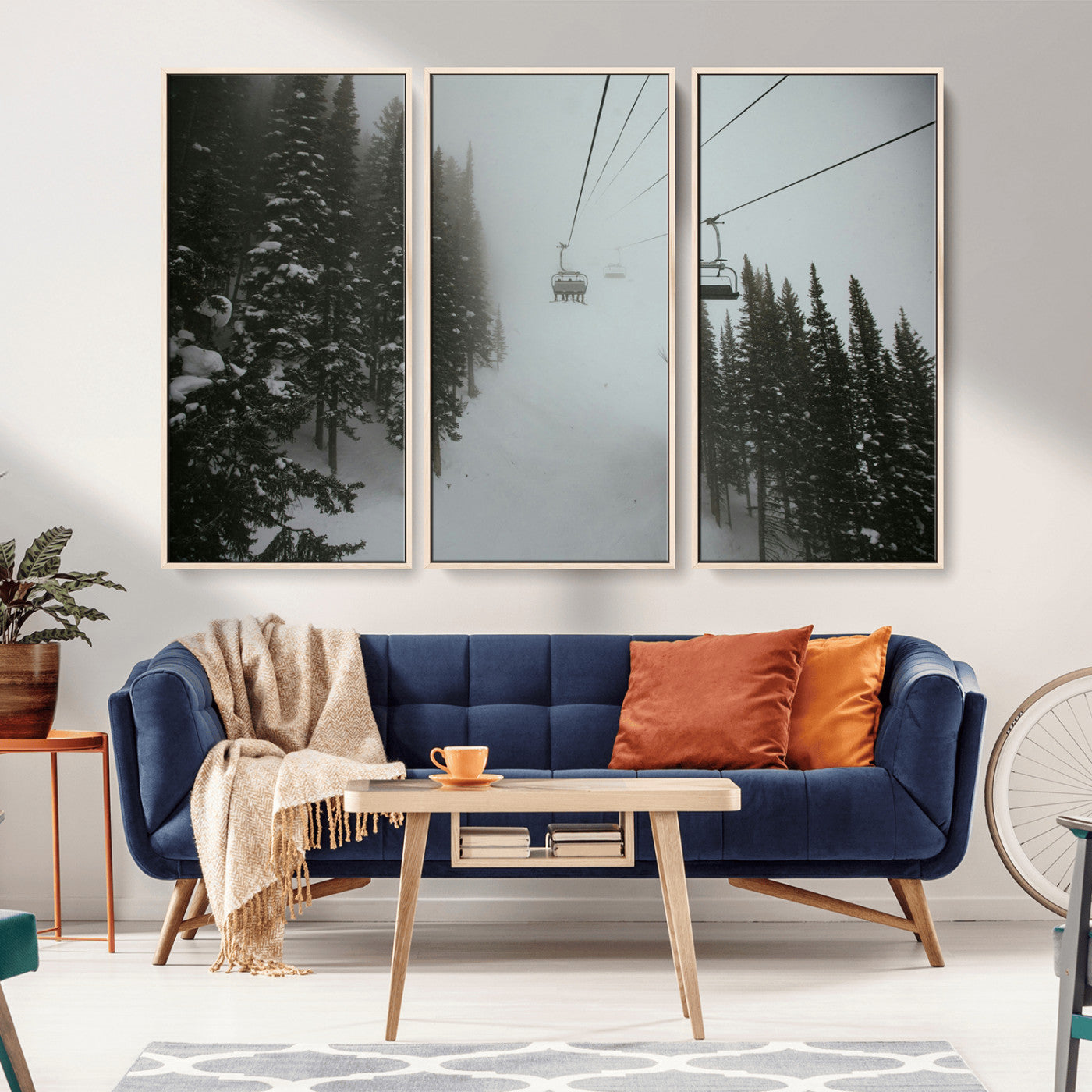 87018452-MGV-CV-36X24-Ski Lift Wall Art Canvas Print, Framed Snowy Pines Art Picture Print, Misty Landscape Perfect Winter Serenity Decor Artwork