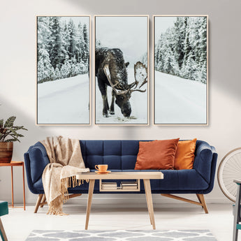 13316292-MGV-CV-36X24-Moose in Snow Wall Art Canvas Print, Framed Winter Wildlife Art Picture Print, Snowy Forest Scene Perfect Rustic Lodge Decor