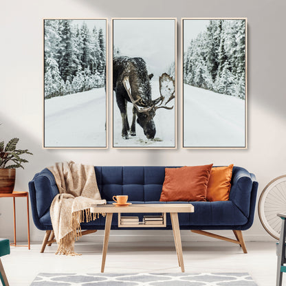13316292-MGV-CV-36X24-Moose in Snow Wall Art Canvas Print, Framed Winter Wildlife Art Picture Print, Snowy Forest Scene Perfect Rustic Lodge Decor