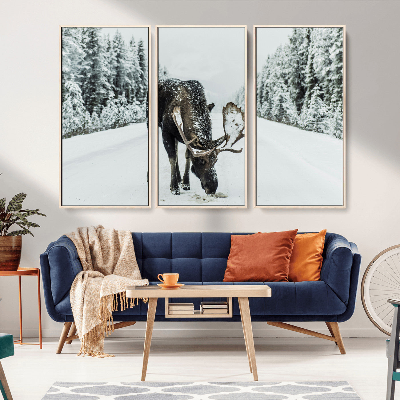 13316292-MGV-CV-36X24-Moose in Snow Wall Art Canvas Print, Framed Winter Wildlife Art Picture Print, Snowy Forest Scene Perfect Rustic Lodge Decor