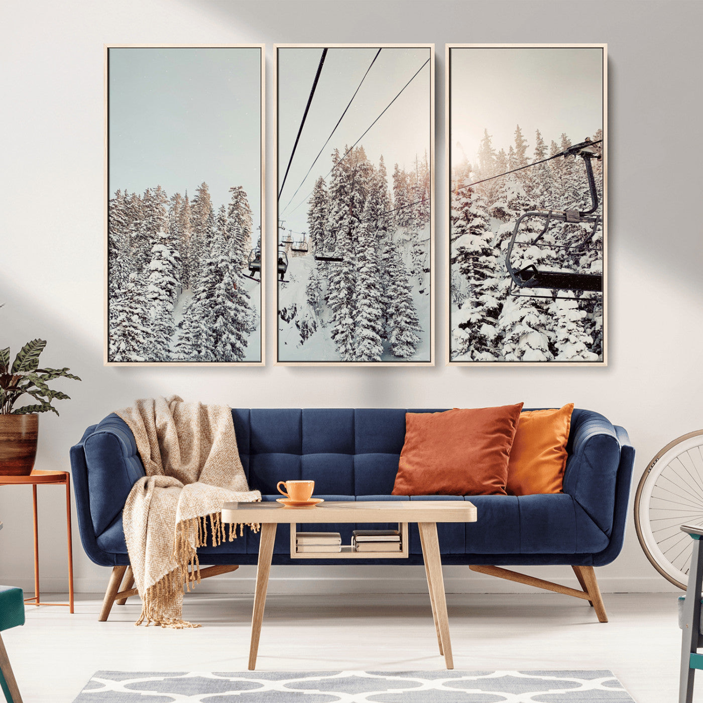 91534512-MGV-CV-36X24-Frosty Pines Wall Art Canvas Print, Framed Cozy Cabin View Art Picture Print, Ski Lift Ride Perfect Rustic Lodge Decor Artwork