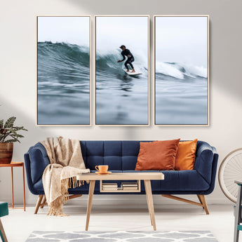 11693607-MGV-CV-36X24-Surfer on Wave Wall Art Canvas Print, Framed Ocean Adventure Art Picture Print, Motion Blur Water Perfect Coastal Adventure Decor