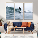 11693607-MGV-CV-36X24-Surfer on Wave Wall Art Canvas Print, Framed Ocean Adventure Art Picture Print, Motion Blur Water Perfect Coastal Adventure Decor