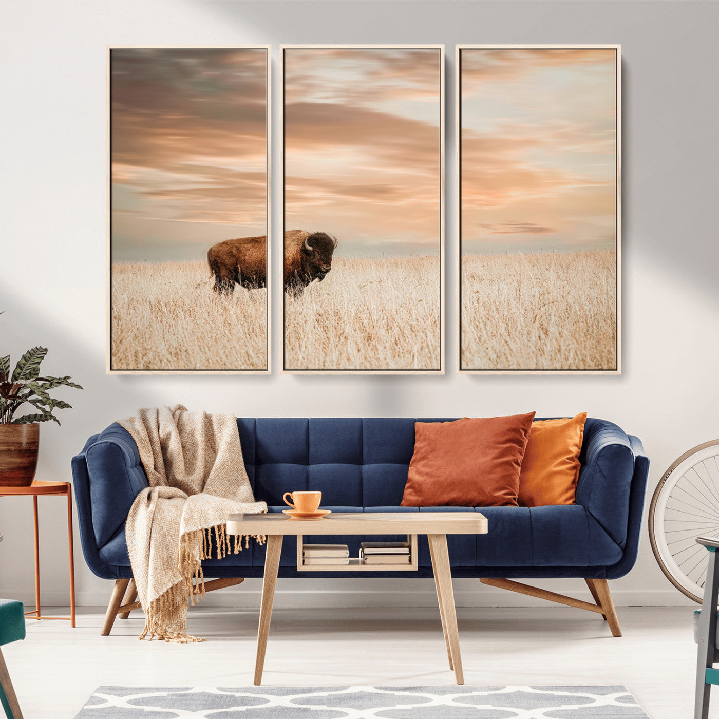 20306324-MGV-CV-36X24-Bison Wall Art – Lone American Buffalo Prairie Sunset Canvas Print, Rustic Western Wildlife Photography Decor for Living Room,