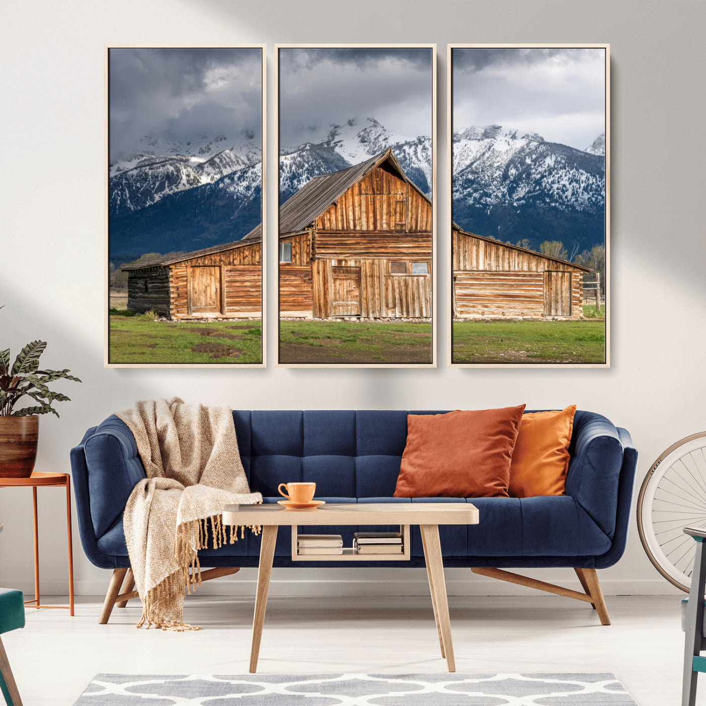 15173627-MGV-CV-36X24-Barn Wall Art – Rustic Wooden Cabin Canvas Print with Snowy Mountain Landscape, Western Farmhouse Country Decor for Living Room,