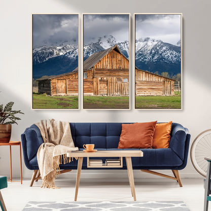 15173627-MGV-CV-36X24-Barn Wall Art – Rustic Wooden Cabin Canvas Print with Snowy Mountain Landscape, Western Farmhouse Country Decor for Living Room,