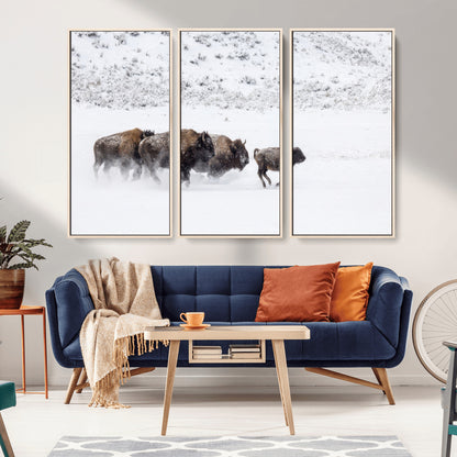 61161423-MGV-CV-36X24-Running Bison Herd Wall Art – Winter Buffalo Canvas Print, Wildlife Photography Decor for Rustic Living Room, Farmhouse, Lodge,