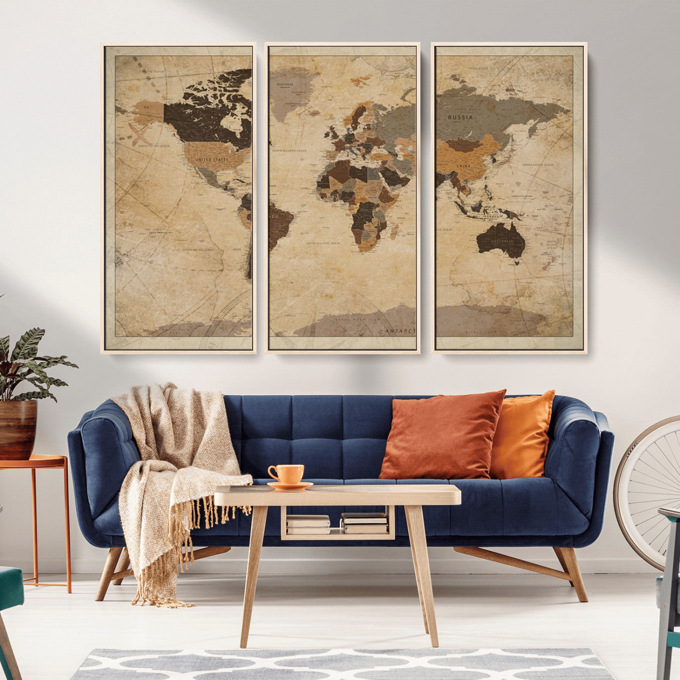 56103352-MGV-CV-36X24-Vintage Sepia World Map Wall Art – Antique Style Explorer Atlas – Rustic Brown and Tan Canvas for Study, Office, Living Room, or