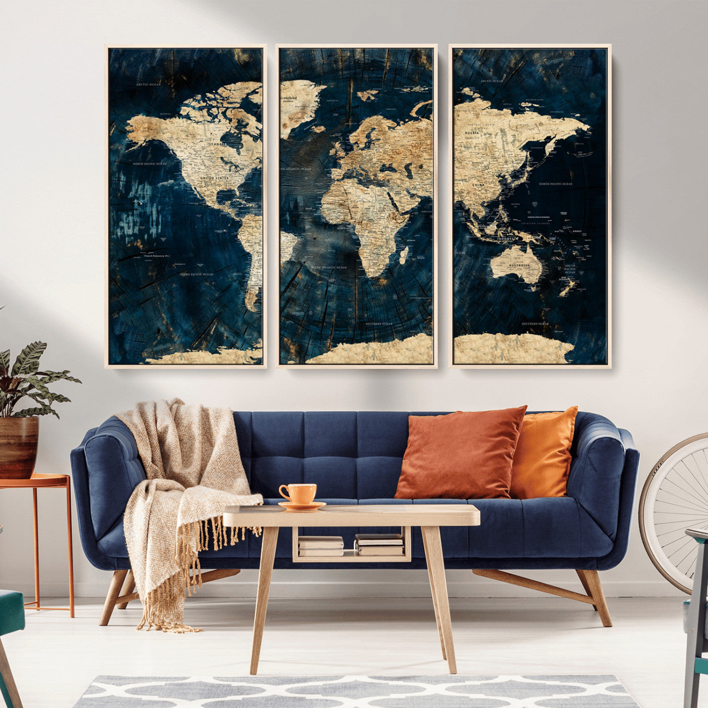 41767444-MGV-CV-36X24-Rustic Navy Blue and Gold World Map Wall Art – Vintage Explorer Atlas on Distressed Canvas – Bold Statement Decor for Office or