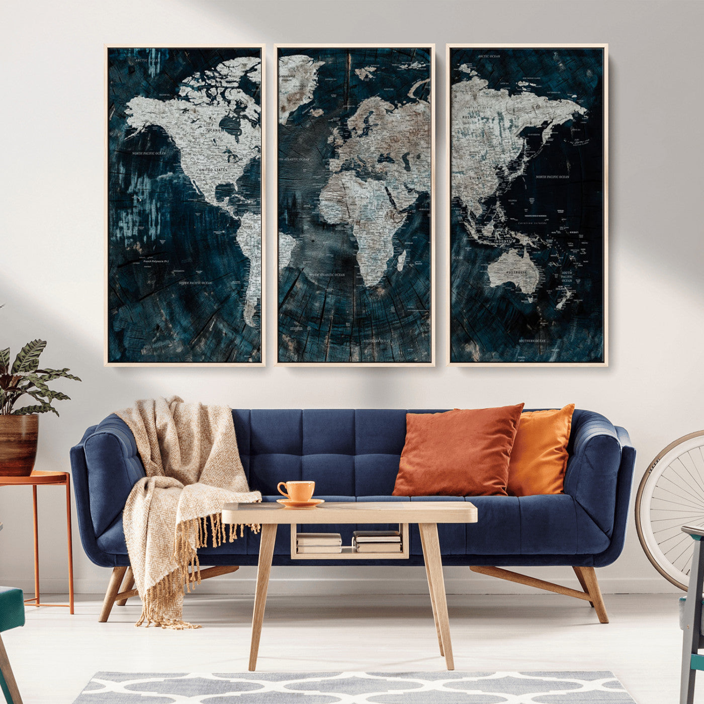 34425609-MGV-CV-36X24-World Map Wall Art – Rustic Navy and Grey Atlas Canvas Print, Distressed Explorer Map Artwork, Industrial Style Decor for Office,
