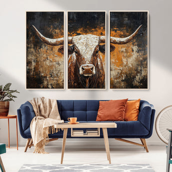 25265572-MGV-CV-36X24-Longhorn Bull Wall Art – Rustic Western Texas Steer Canvas Print, Textured Animal Painting for Home, Office, Man Cave or Farmhouse