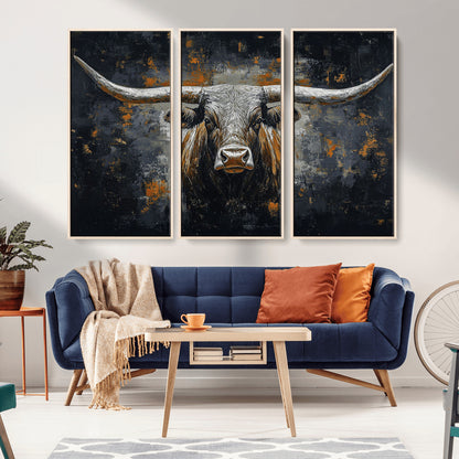 93195031-MGV-CV-36X24-Dark Longhorn Bull Wall Art – Western Steer Canvas Print, Moody Rustic Animal Painting for Man Cave, Ranch House, Office or Modern