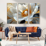 39604126-MGV-CV-36X24-Abstract Flower Wall Art – Elegant White and Gold Bloom Canvas Print, Modern Floral Artwork for Bedroom, Living Room, or Office
