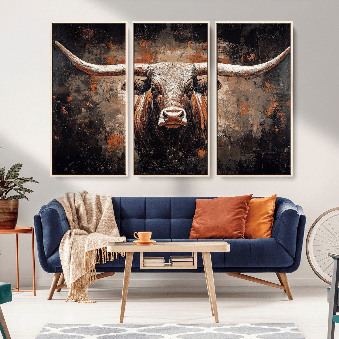 24779067-MGV-CV-36X24-Longhorn Bull Wall Art – Western Rustic Canvas Print, Bold Cowboy Cattle Painting for Ranch House, Farmhouse, Office, or Living