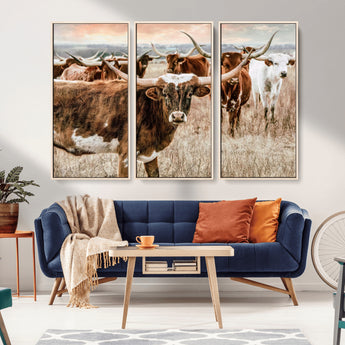 47758300-MGV-CV-36X24-Texas Longhorn Cattle Wall Art – Rustic Western Herd Canvas Print, Cowboy Ranch Farmhouse Decor for Living Room, Office, or
