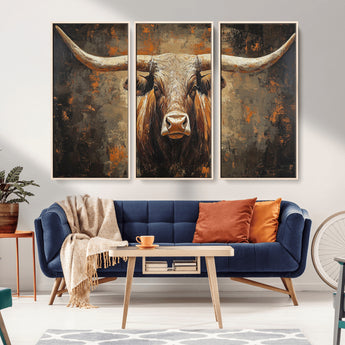 19204445-MGV-CV-36X24-Texas Longhorn Bull Wall Art – Rustic Western Canvas Print, Bold Cowboy Cattle Painting for Ranch House, Farmhouse, Office, or
