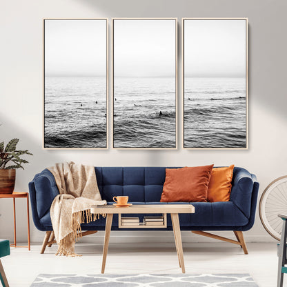 47208268-MGV-CV-36X24-Surfer Ocean Wall Art – Black and White Coastal Canvas Print, Minimalist Surfing Seascape Decor for Living Room, Bedroom, or Beach