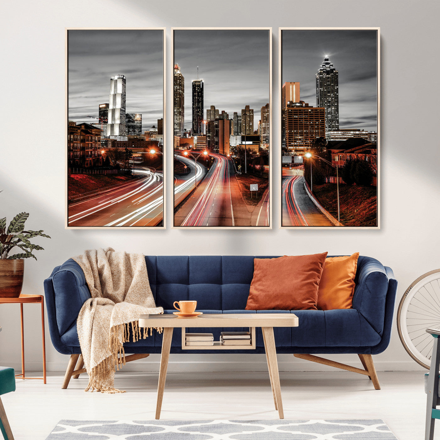 59097239-MGV-CV-36X24-City Skyline Wall Art – Modern Black and White Night Canvas Print with Red Light Trails, Urban Landscape Decor for Living Room or