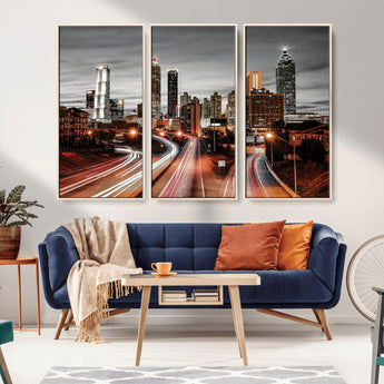 59097239-MGV-CV-36X24-City Skyline Wall Art – Modern Black and White Night Canvas Print with Red Light Trails, Urban Landscape Decor for Living Room or