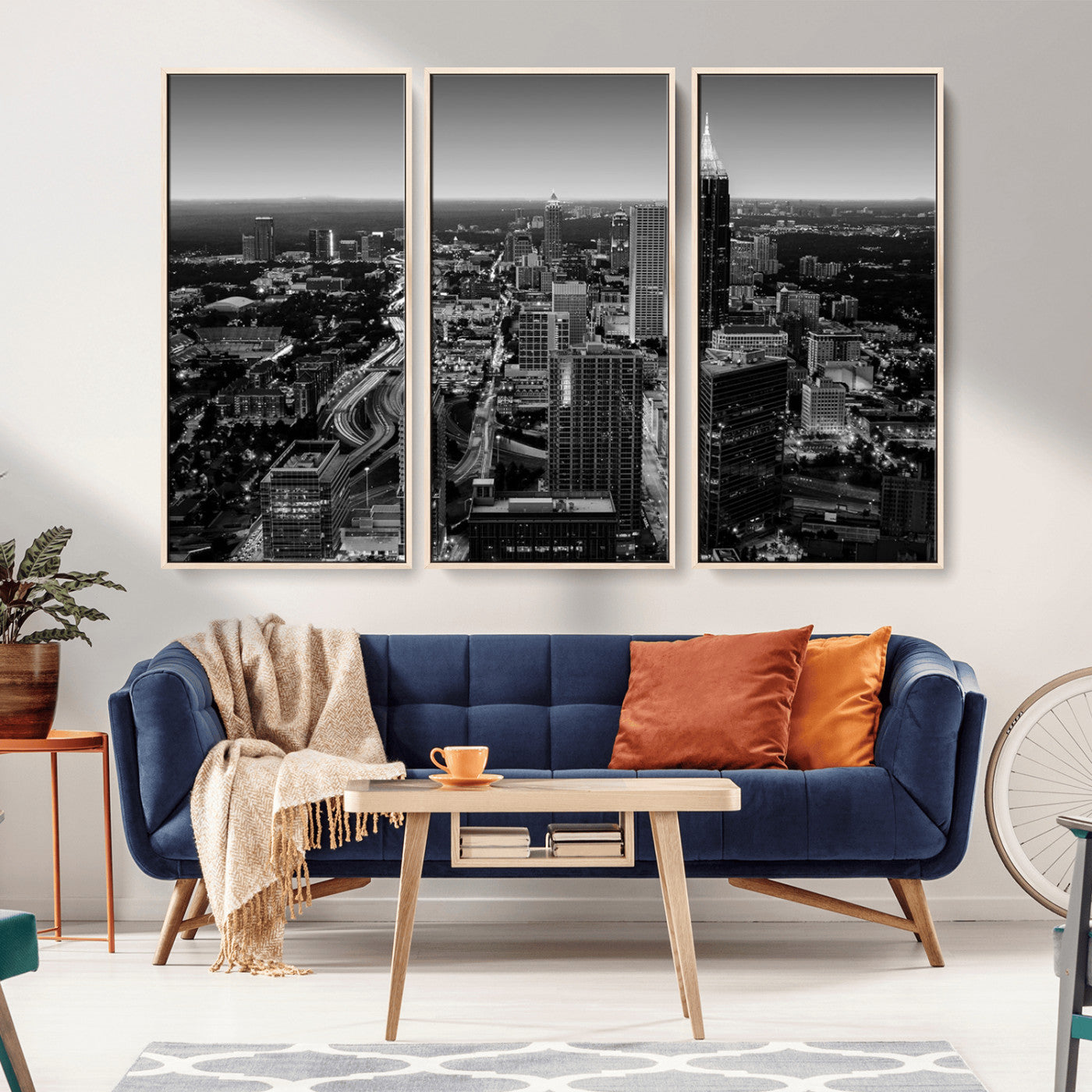 46578567-MGV-CV-36X24-Atlanta Skyline Wall Art – Black and White Cityscape Canvas Print, Modern Urban Night Decor for Office, Living Room, or Apartment