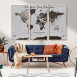 43749658-MGV-CV-36X24-Welcome to Great Adventure World Map Wall Art – Charcoal Gray Canvas Print, Rustic Travel Decor for Living Room, Study, Office or